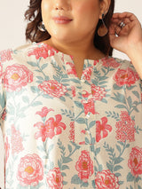 Plus Size Off White Pure Cotton Floral A-line Tunic