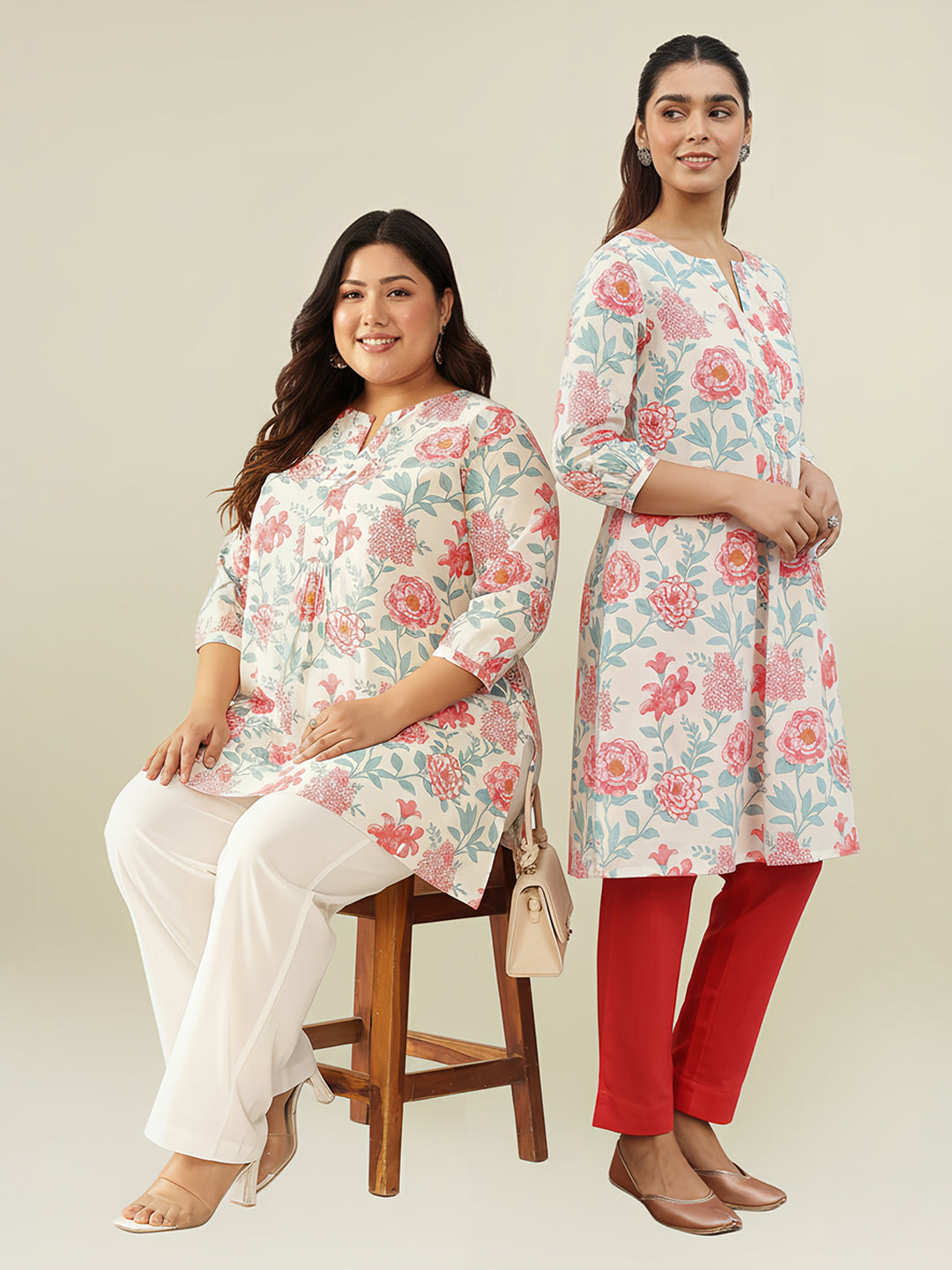 Plus Size Off White Pure Cotton Floral A-line Tunic