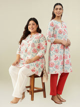 Plus Size Off White Pure Cotton Floral A-line Tunic