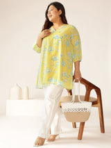 Plus Size Lime Yellow Georgette Floral Printed A-line Tunic