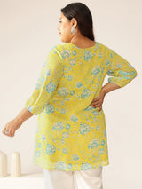 Plus Size Lime Yellow Georgette Floral Printed A-line Tunic