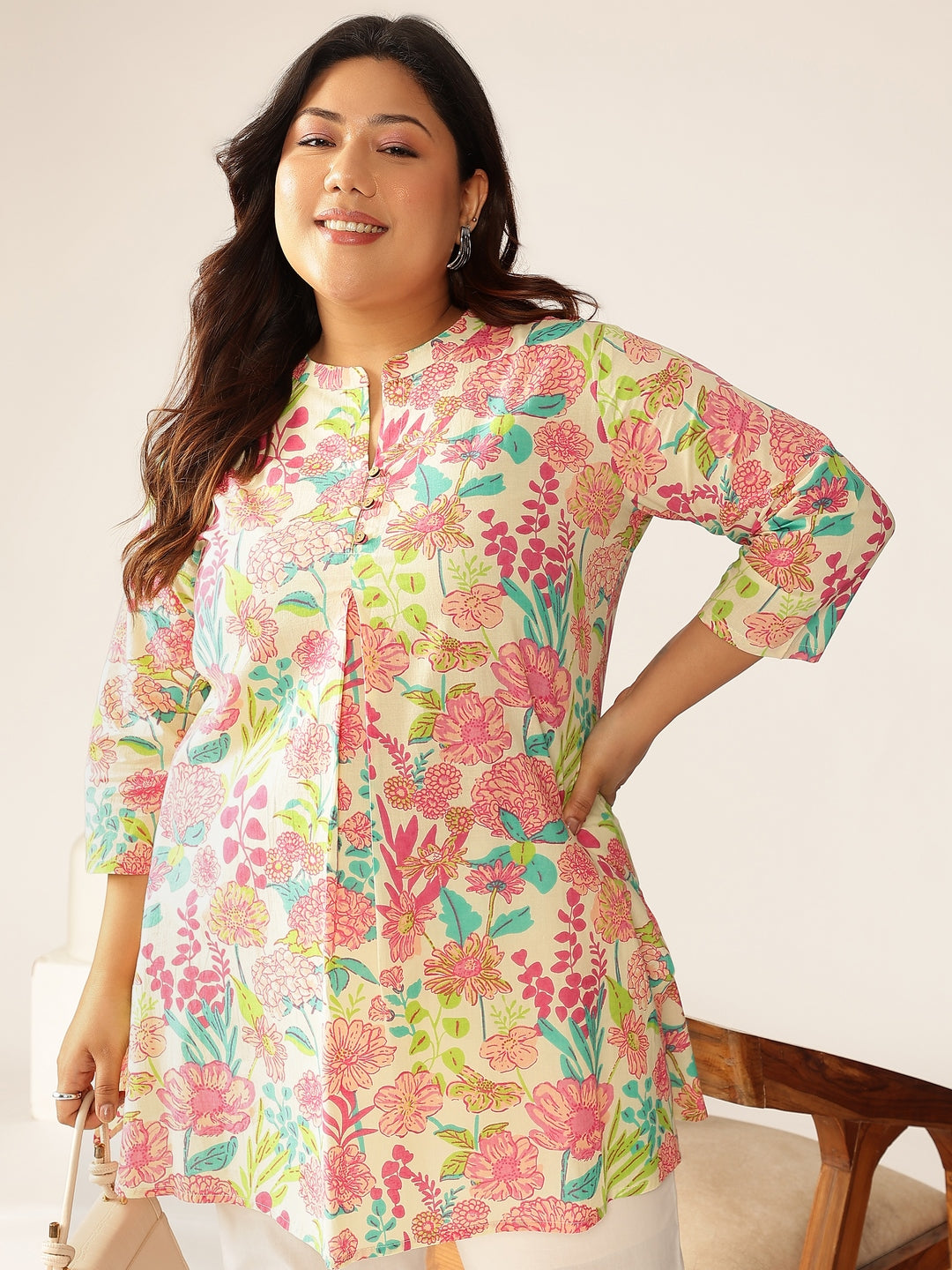 Plus Size Cream Pure Cotton Floral Printed A-line Tunic
