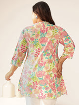 Plus Size Cream Pure Cotton Floral Printed A-line Tunic
