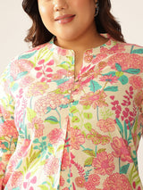 Plus Size Cream Pure Cotton Floral Printed A-line Tunic