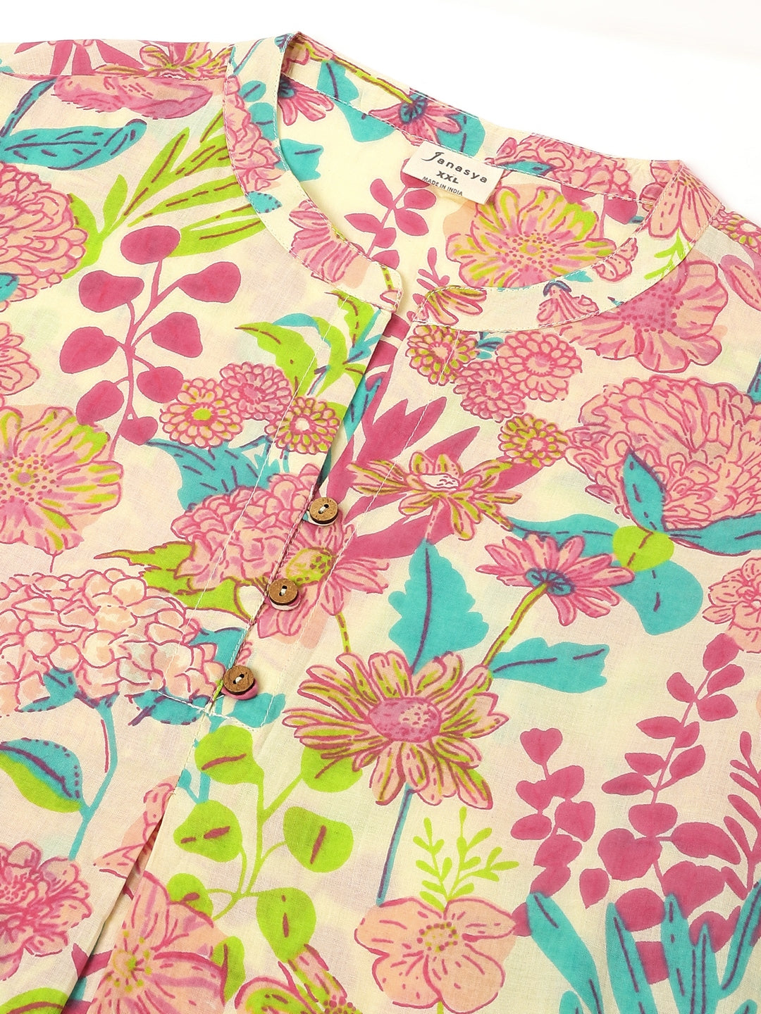 Plus Size Cream Pure Cotton Floral Printed A-line Tunic