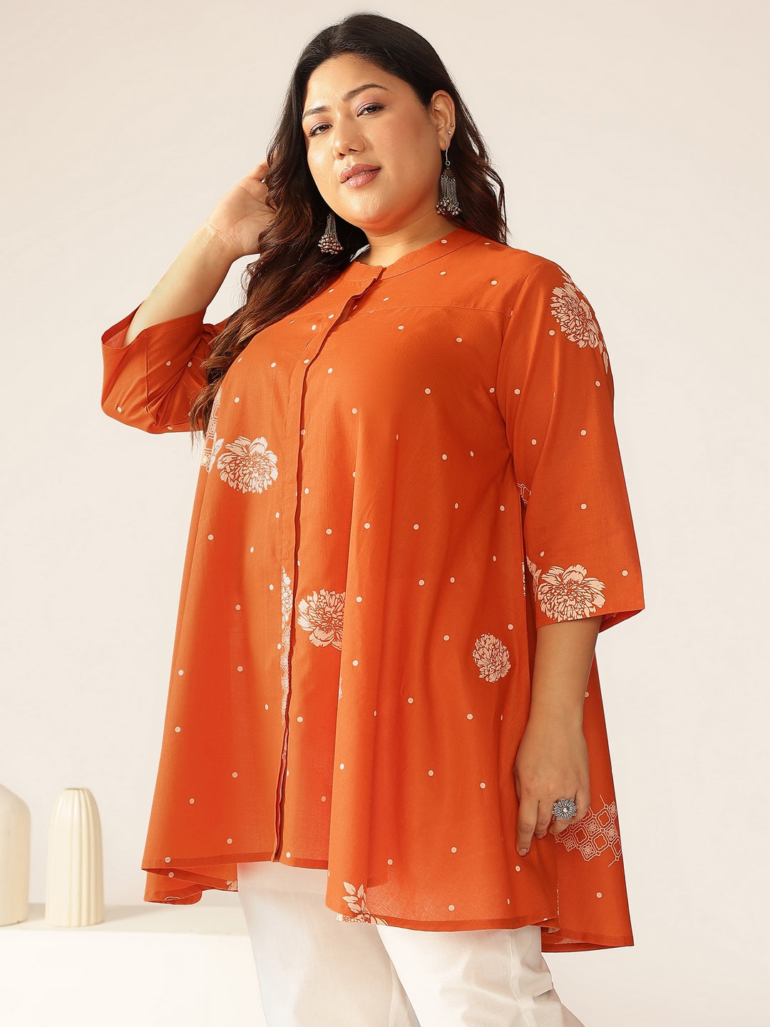 Plus Size Orange Pure Cotton Floral Printed A-line Tunic