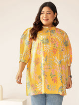 Plus Size Yellow Pure Cotton Tropical Printed A-line Tunic