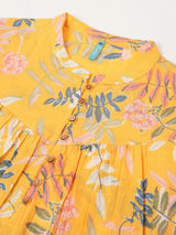 Plus Size Yellow Pure Cotton Tropical Printed A-line Tunic