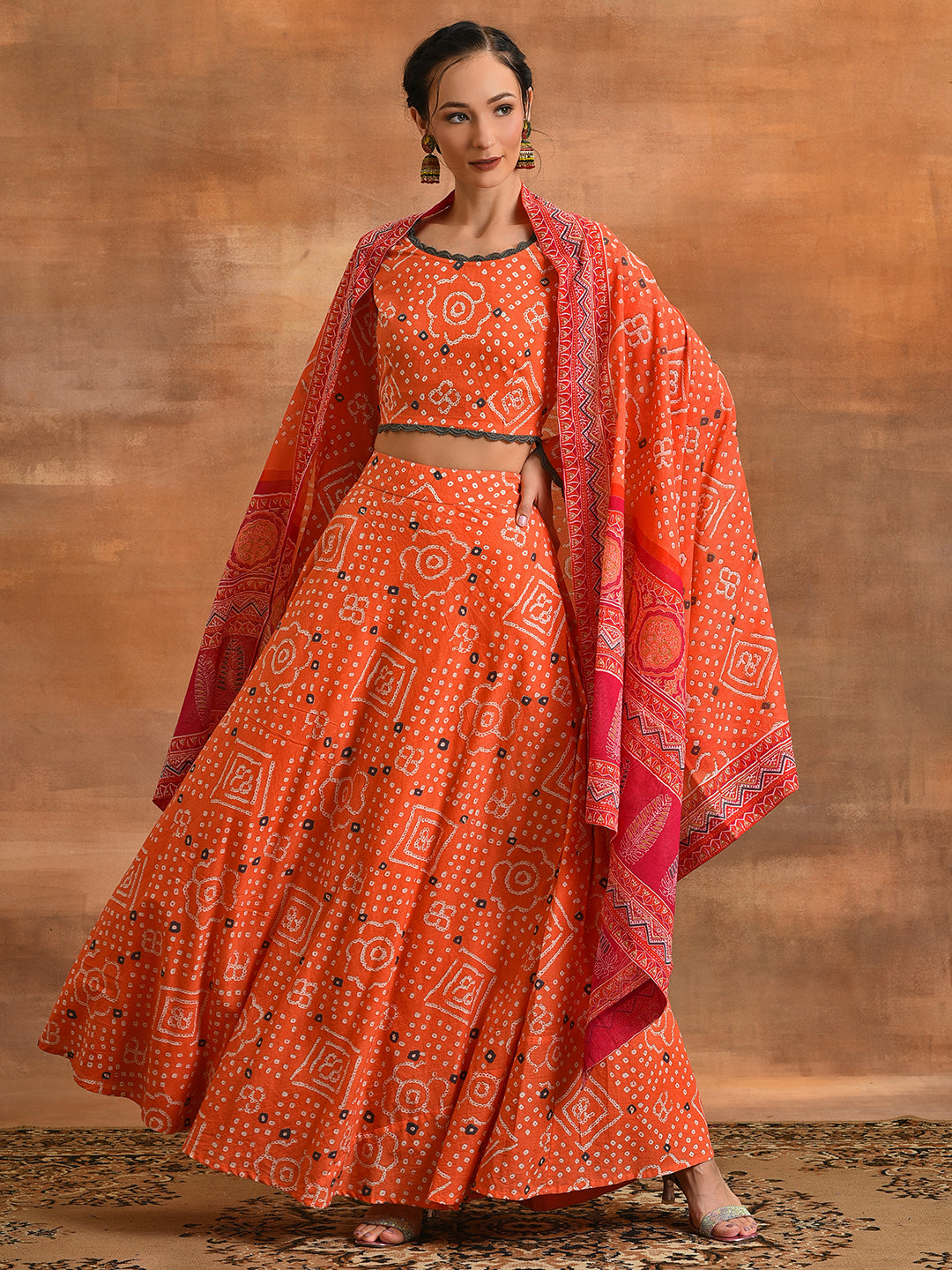 Orange Bandhani Print Lehenga Choli With Dupatta - Elganza