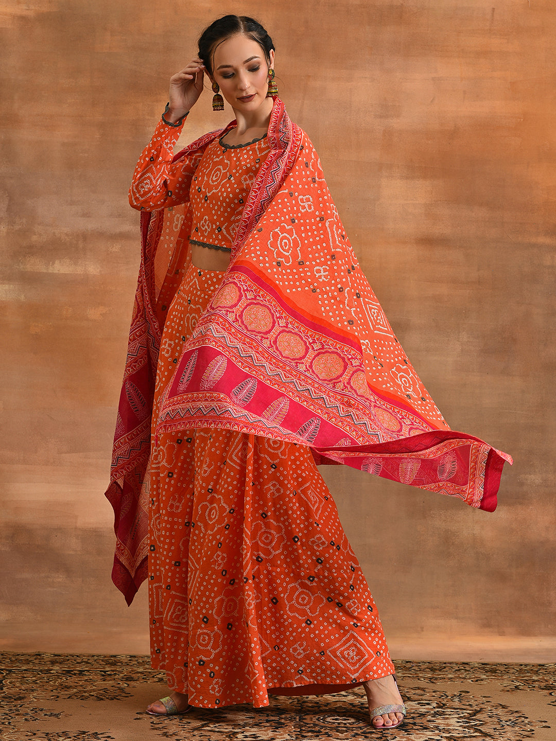 Orange Bandhani Print Lehenga Choli With Dupatta - Elganza