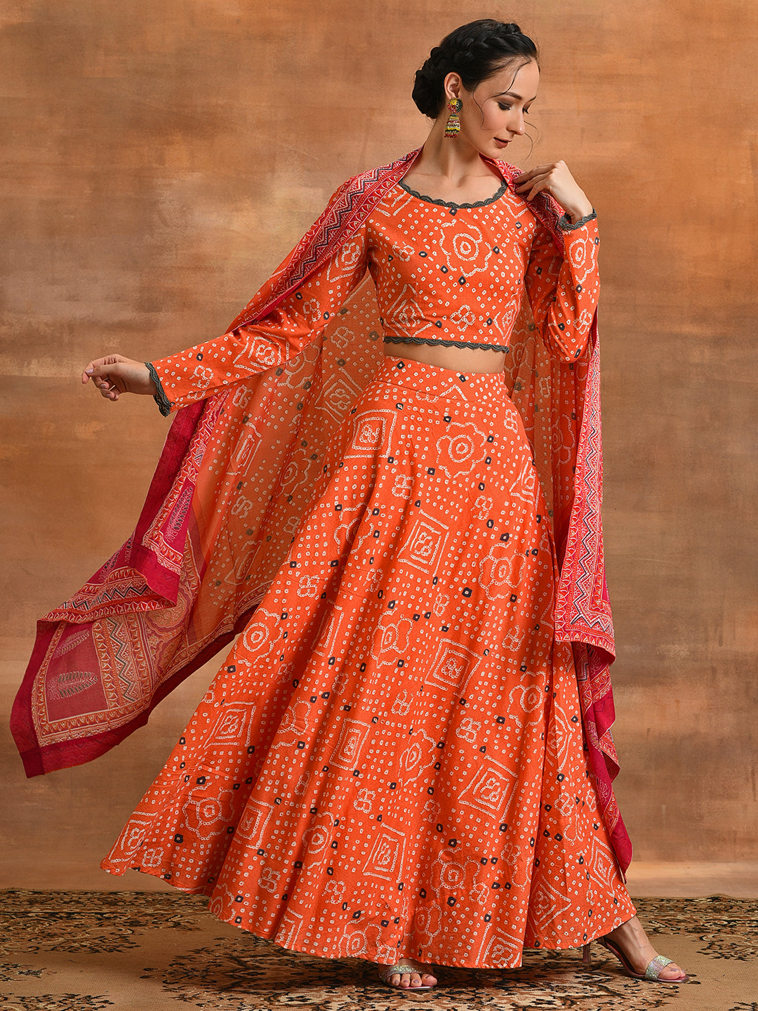 Orange Bandhani Print Lehenga Choli With Dupatta - Elganza