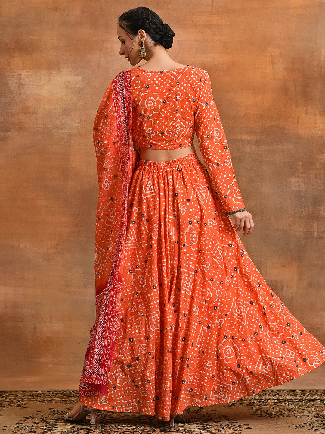 Orange Bandhani Print Lehenga Choli With Dupatta - Elganza