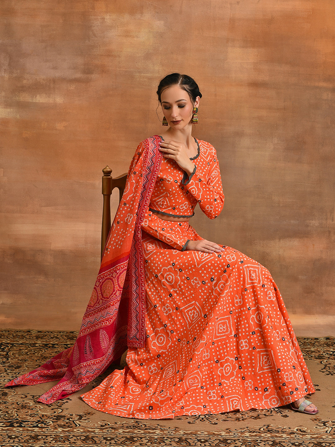 Orange Bandhani Print Lehenga Choli With Dupatta - Elganza