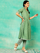 Green Ethnic Motifs Nyra-Cut Kurta Pant With Dupatta - Elganza