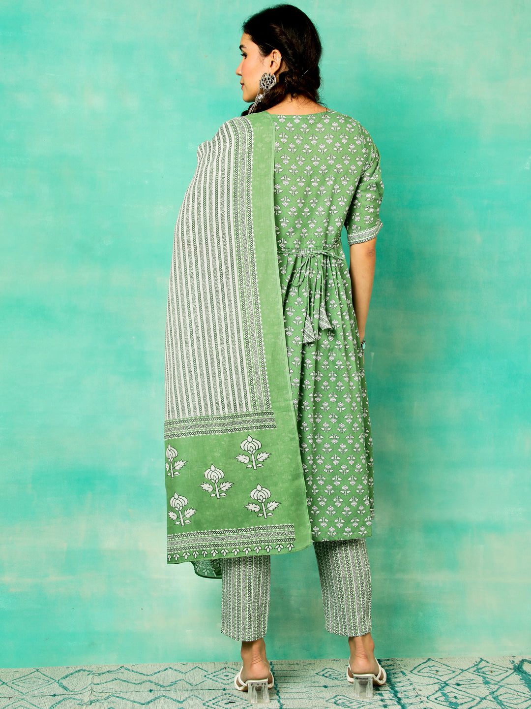 Green Ethnic Motifs Nyra-Cut Kurta Pant With Dupatta - Elganza