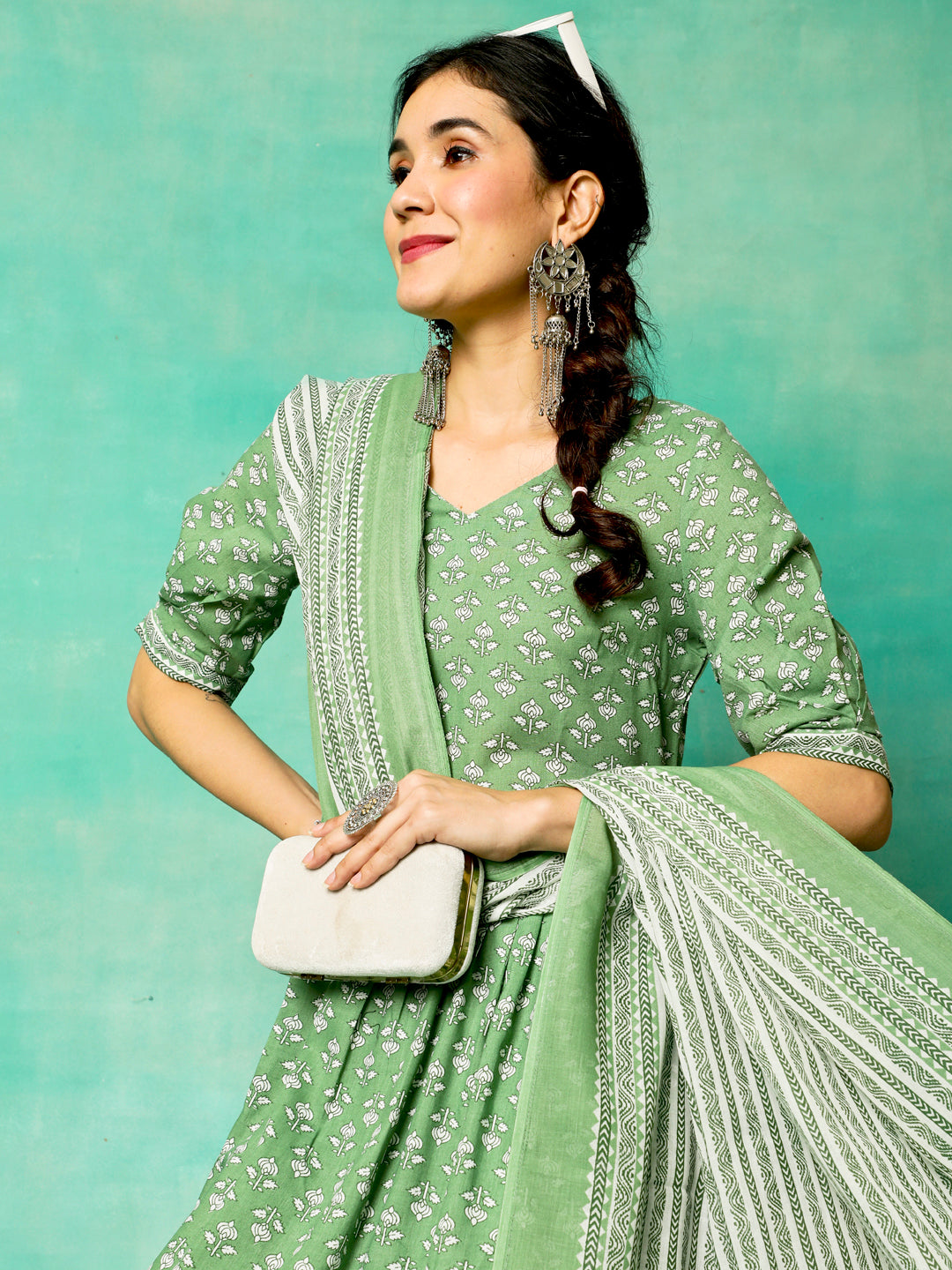 Green Ethnic Motifs Nyra-Cut Kurta Pant With Dupatta - Elganza