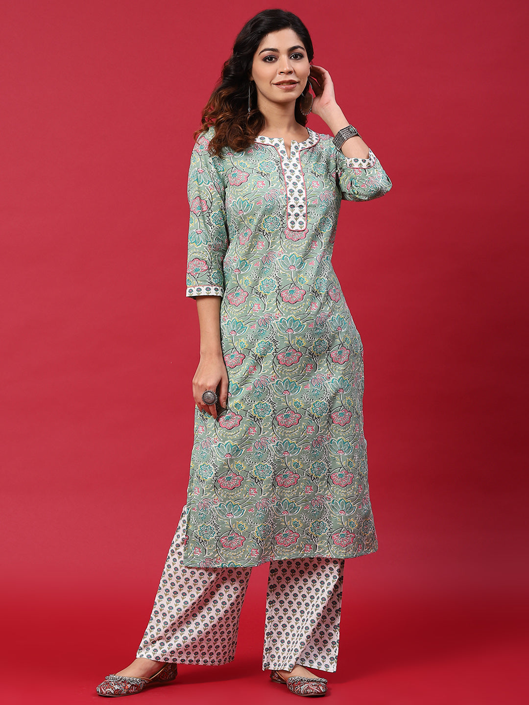 Green & White Floral Print Kurta With Palazzo - Elganza