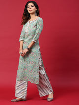 Green & White Floral Print Kurta With Palazzo - Elganza