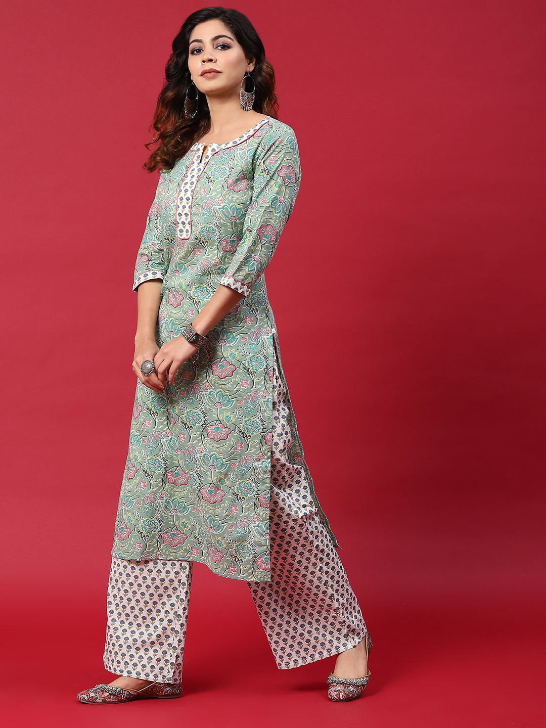 Green & White Floral Print Kurta With Palazzo - Elganza