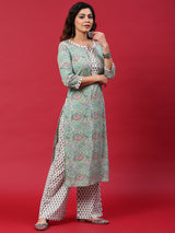 Green & White Floral Print Kurta With Palazzo - Elganza