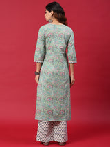 Green & White Floral Print Kurta With Palazzo - Elganza