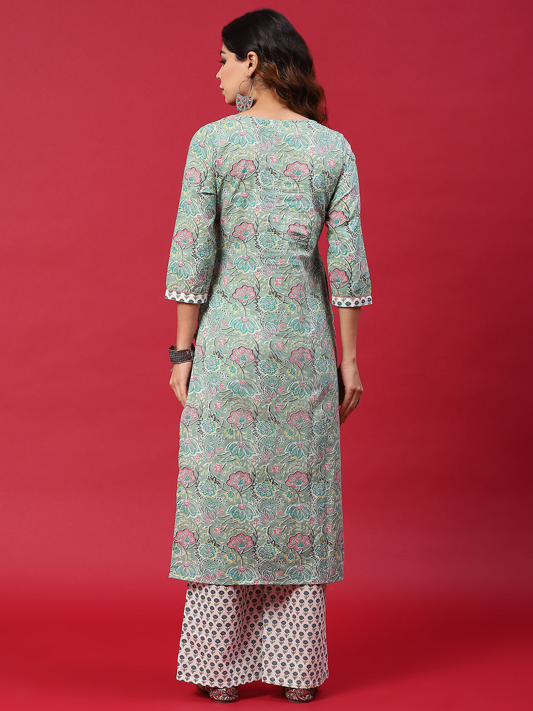 Green & White Floral Print Kurta With Palazzo - Elganza