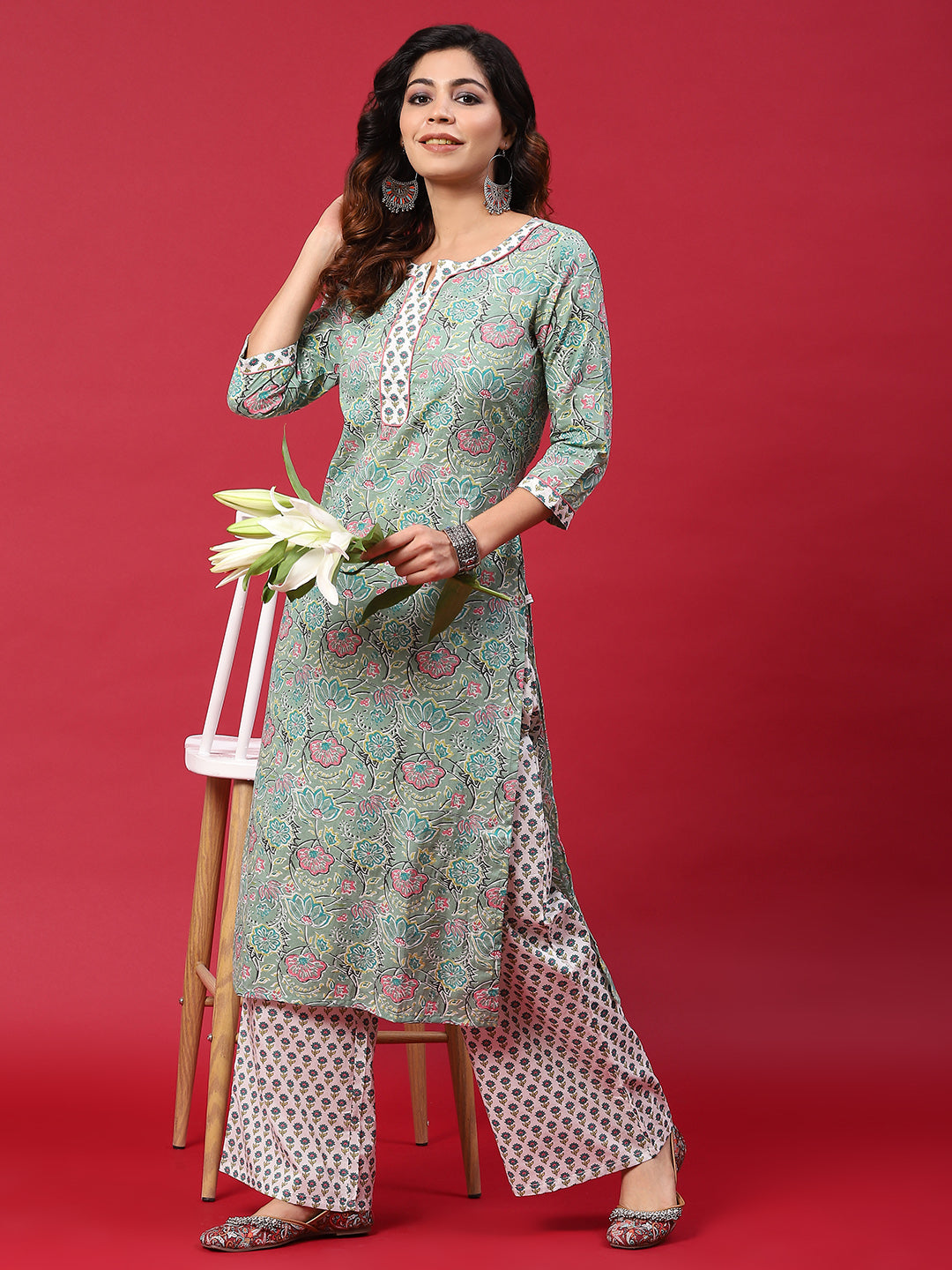 Green & White Floral Print Kurta With Palazzo - Elganza