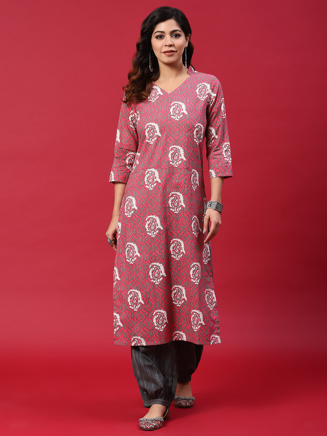 Pink & Grey Printed Kurta With Balloon Palazzo - Elganza