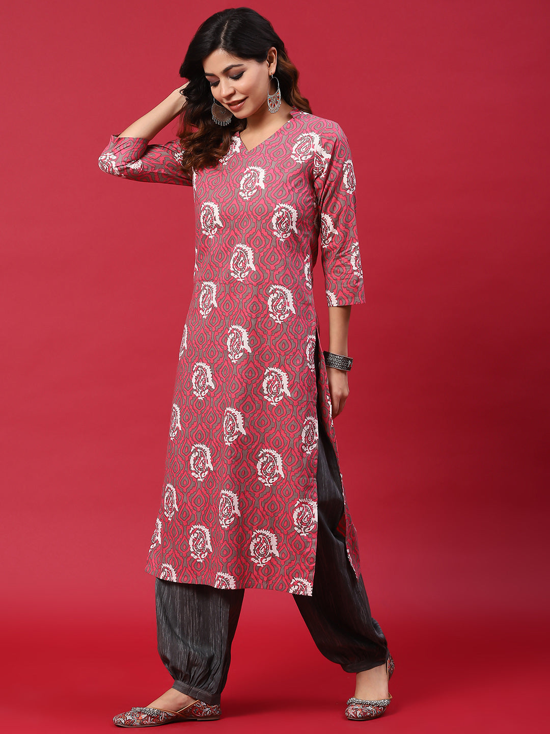 Pink & Grey Printed Kurta With Balloon Palazzo - Elganza