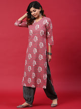 Pink & Grey Printed Kurta With Balloon Palazzo - Elganza
