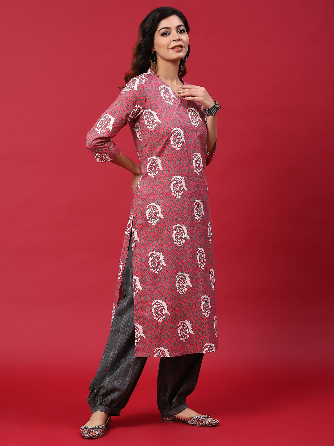 Pink & Grey Printed Kurta With Balloon Palazzo - Elganza