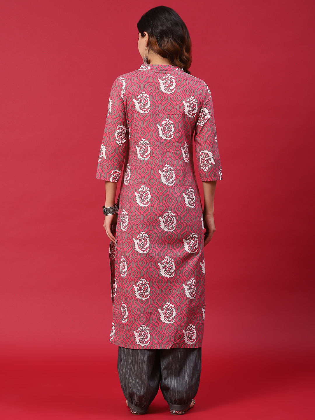 Pink & Grey Printed Kurta With Balloon Palazzo - Elganza