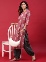 Pink & Grey Printed Kurta With Balloon Palazzo - Elganza