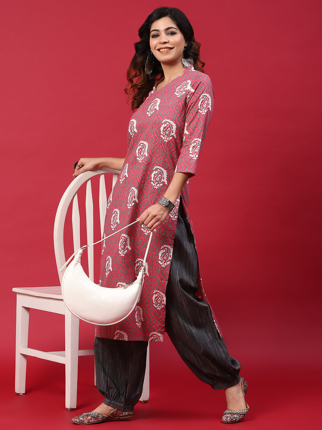 Pink & Grey Printed Kurta With Balloon Palazzo - Elganza
