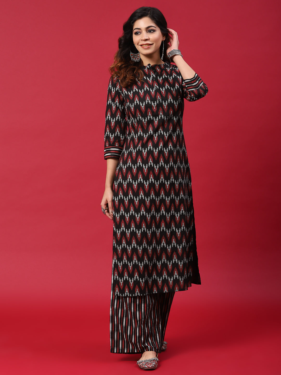 Black & Red Chevron Print Kurta With Palazzo - Elganza