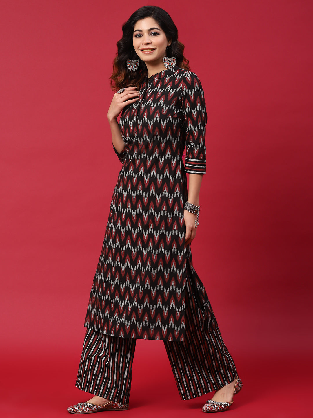 Black & Red Chevron Print Kurta With Palazzo - Elganza
