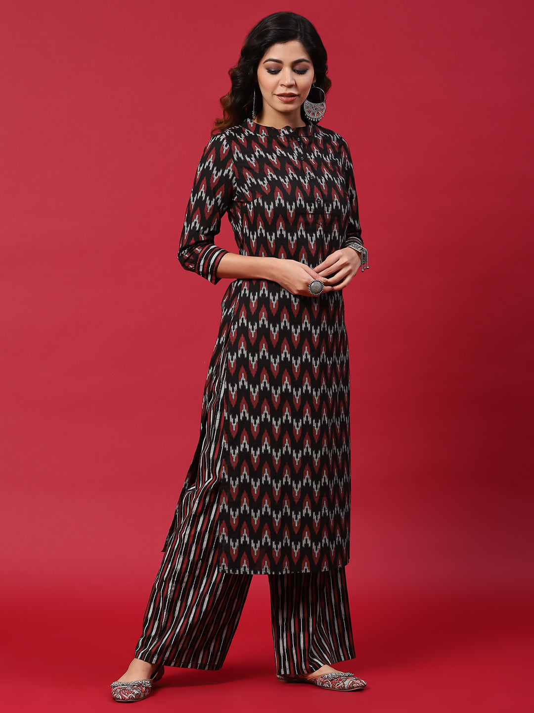 Black & Red Chevron Print Kurta With Palazzo - Elganza