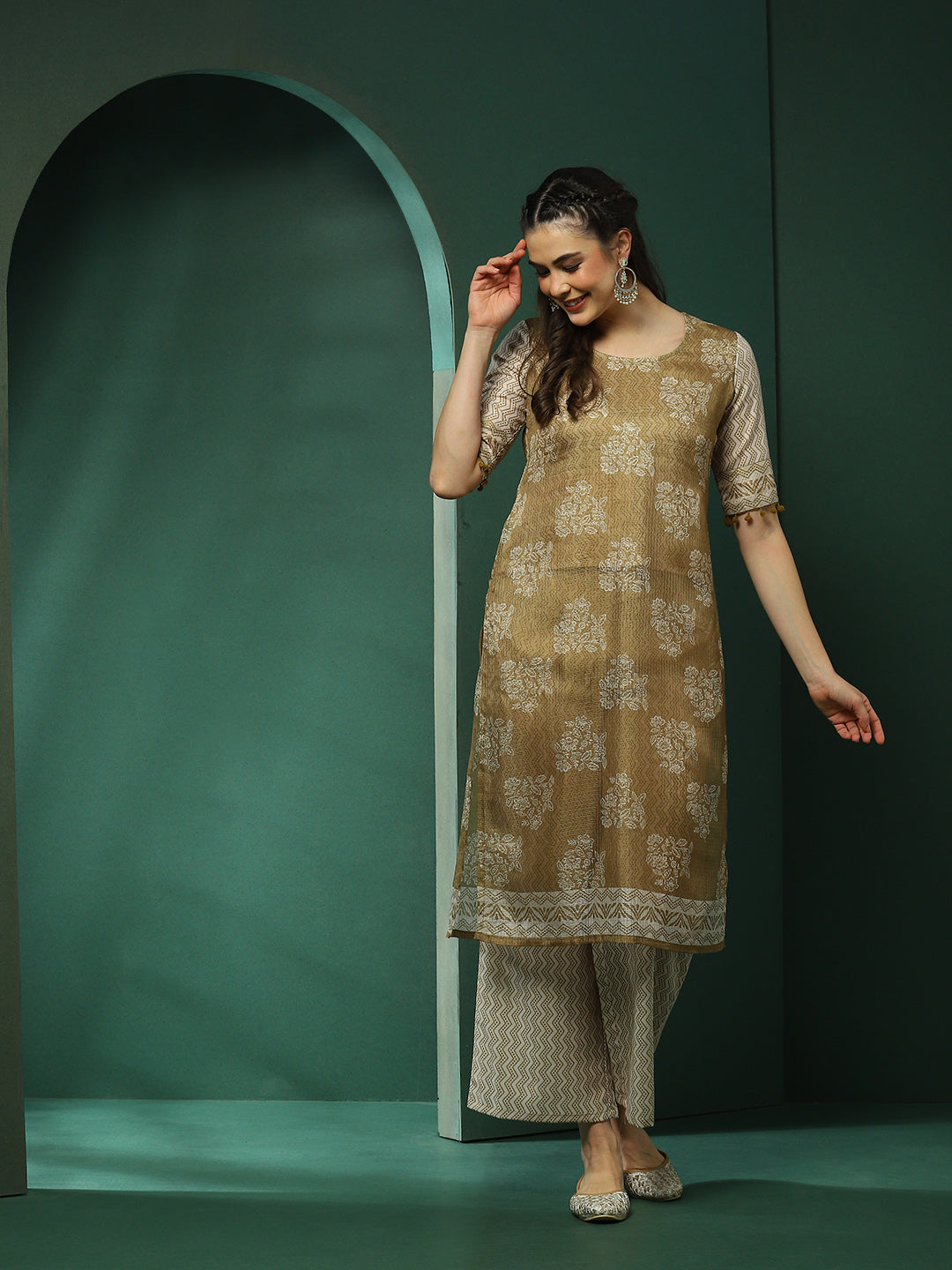 Green Floral Print Kurta With Palazzo - Elganza