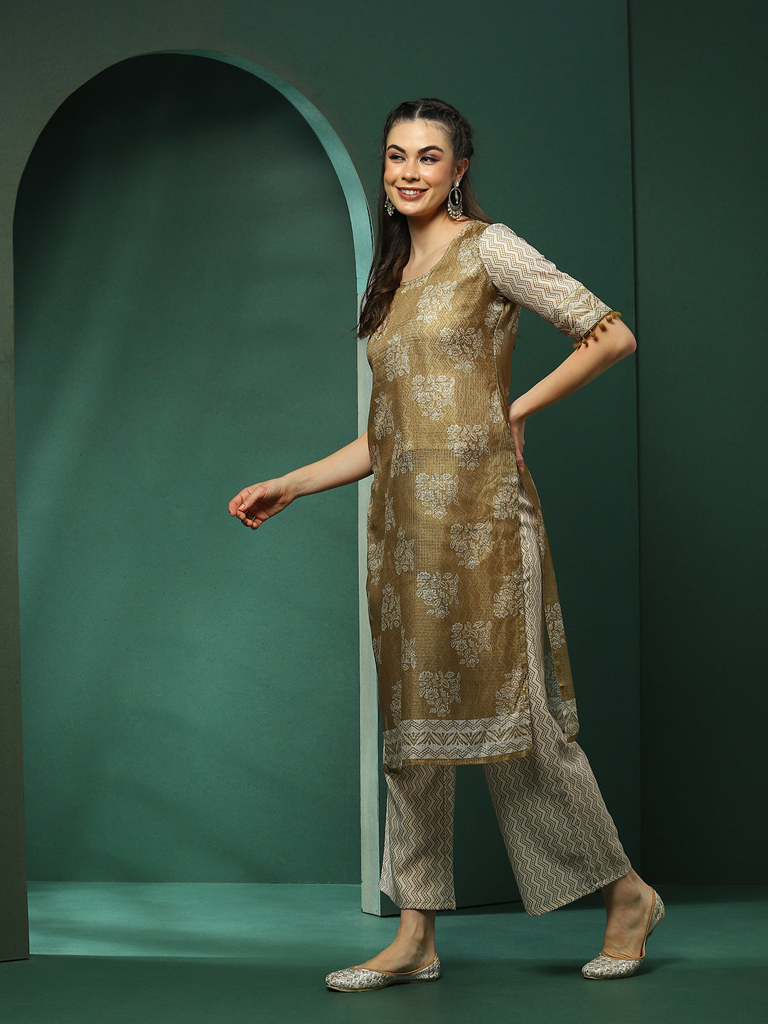 Green Floral Print Kurta With Palazzo - Elganza