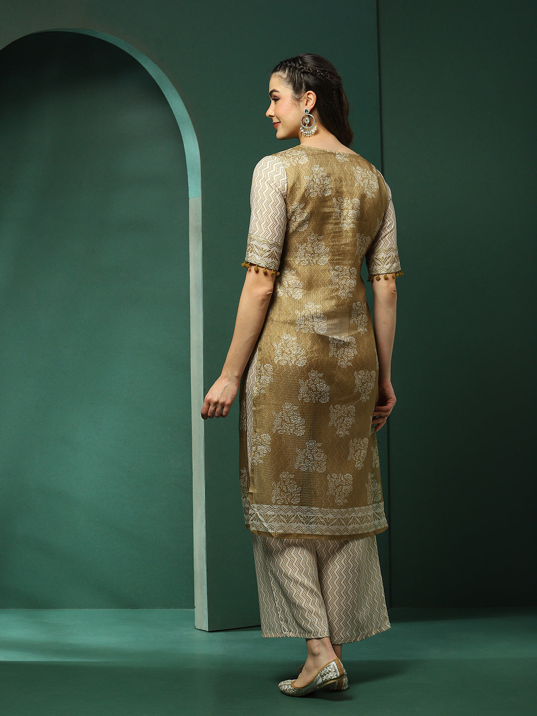 Green Floral Print Kurta With Palazzo - Elganza