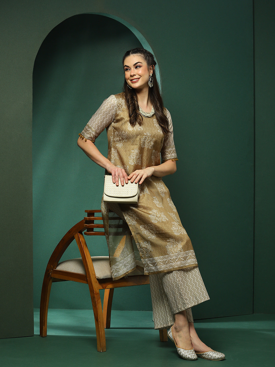 Green Floral Print Kurta With Palazzo - Elganza