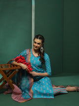 Blue Floral Print Kurta Pant With Dupatta