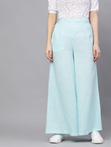 Blue Textured Mid-Rise Flared Palazzos - Elganza