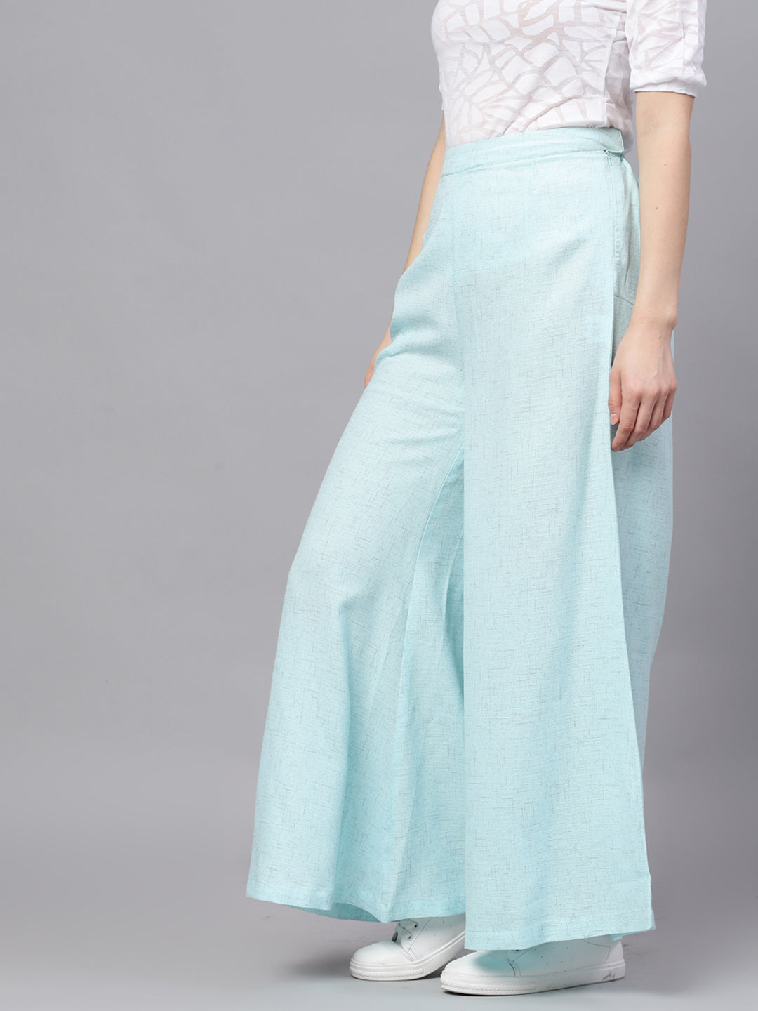 Blue Textured Mid-Rise Flared Palazzos - Elganza