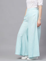 Blue Textured Mid-Rise Flared Palazzos - Elganza