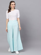 Blue Textured Mid-Rise Flared Palazzos - Elganza