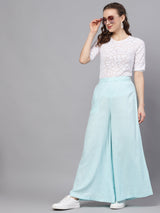 Blue Textured Mid-Rise Flared Palazzos - Elganza