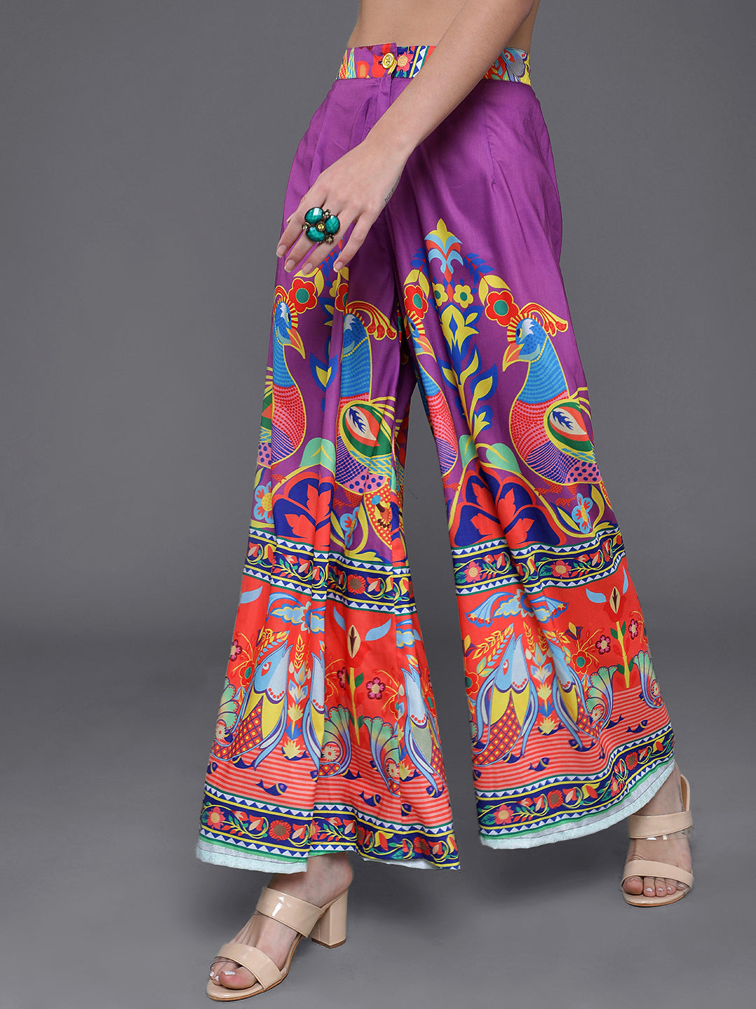 Purple & Orange Printed Flared Palazzo - Elganza
