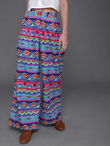 Blue & Pink Floral Print Flared Palazzo - Elganza