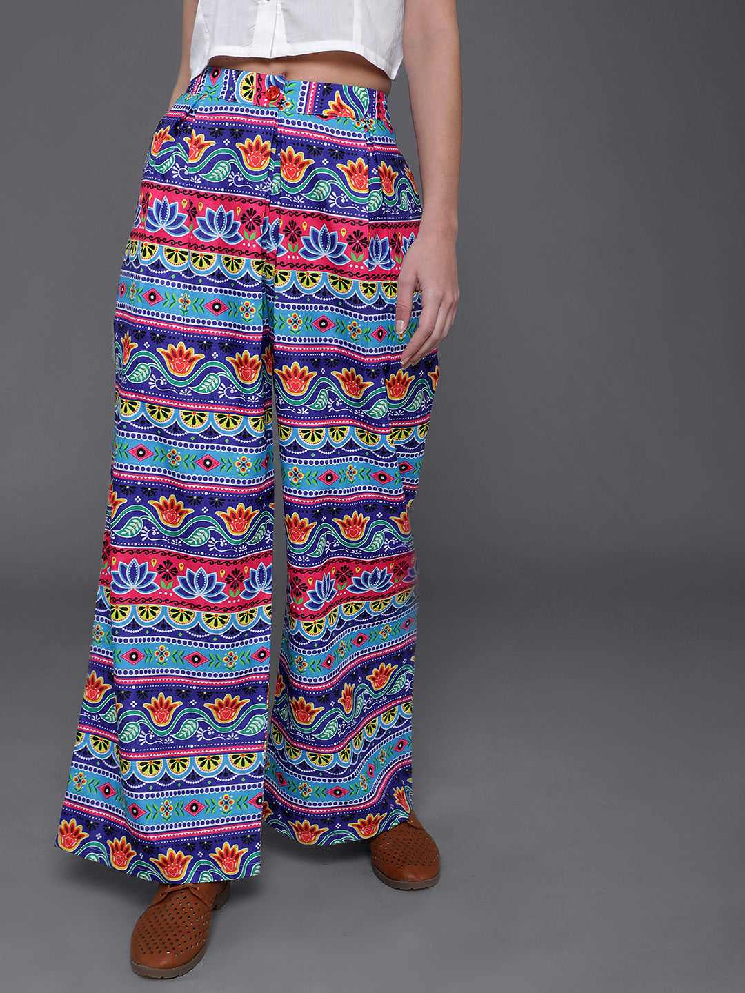 Blue & Pink Floral Print Flared Palazzo - Elganza